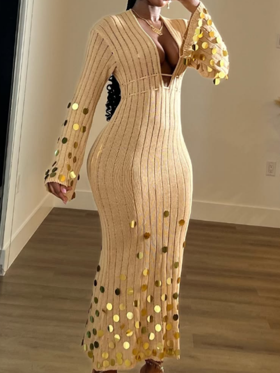 Camel Sequin Slim Dress