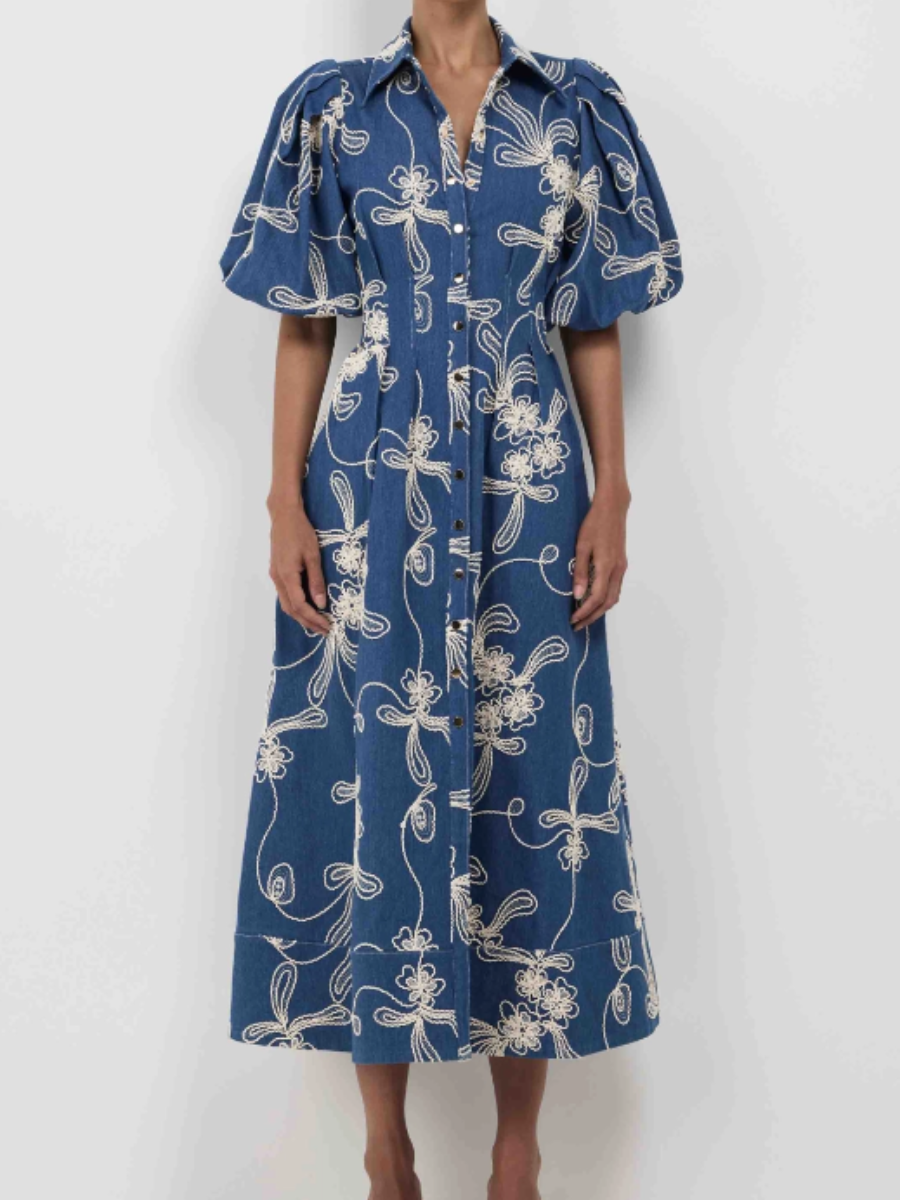 Elegant Embroidered Denim Waisted Dress