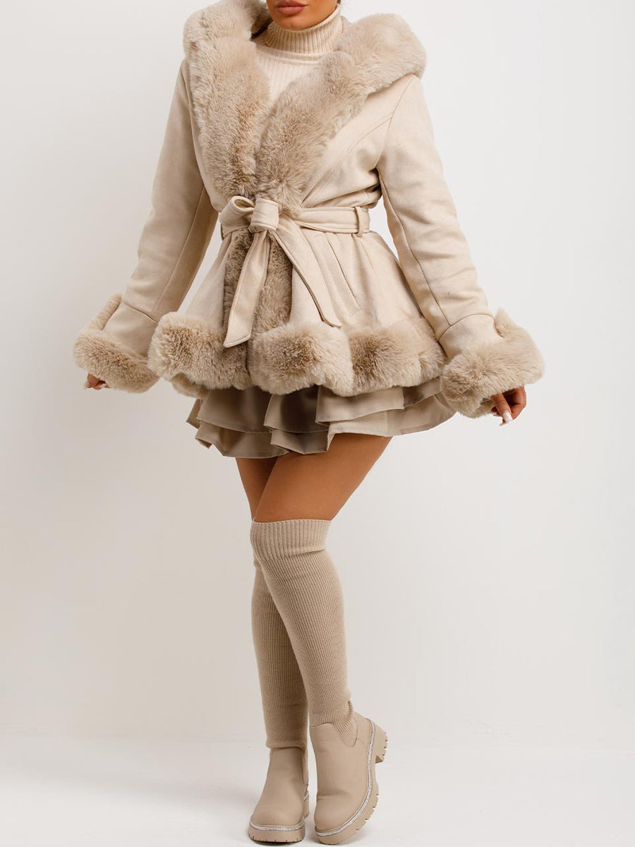 Fur Collar Patchwork Belted Coat