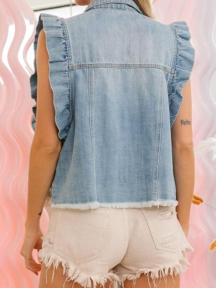 Washed Denim Single-breasted Ruffled Vest