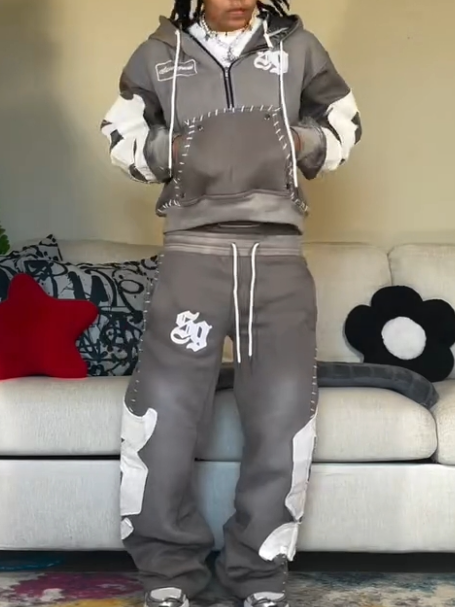 Hooded Embroidered Drawstring Waist Two Pieces Set