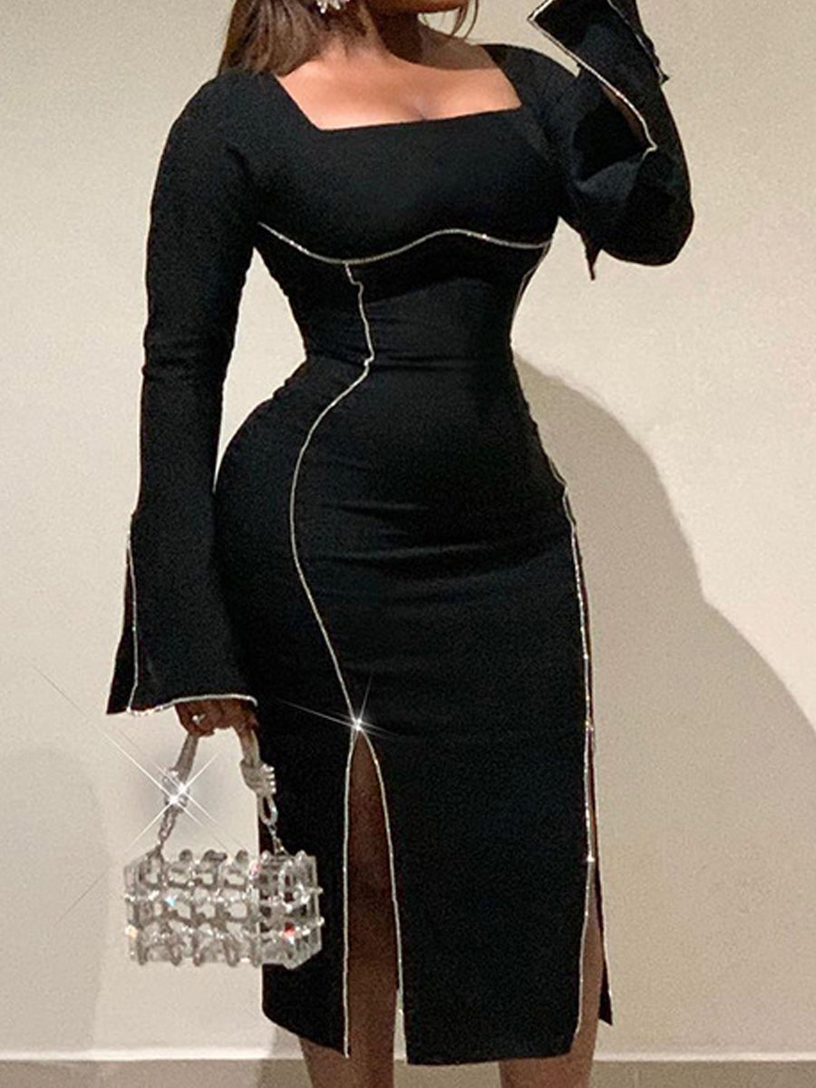 Knitted Long Sleeve Sexy Split Hot Drilling Dress