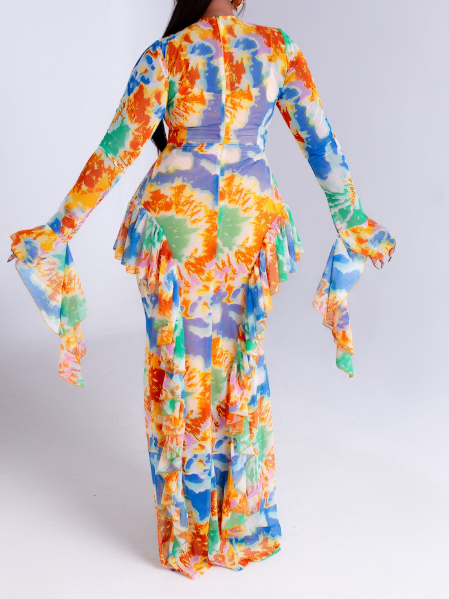 Printed Mesh Maxi Dress