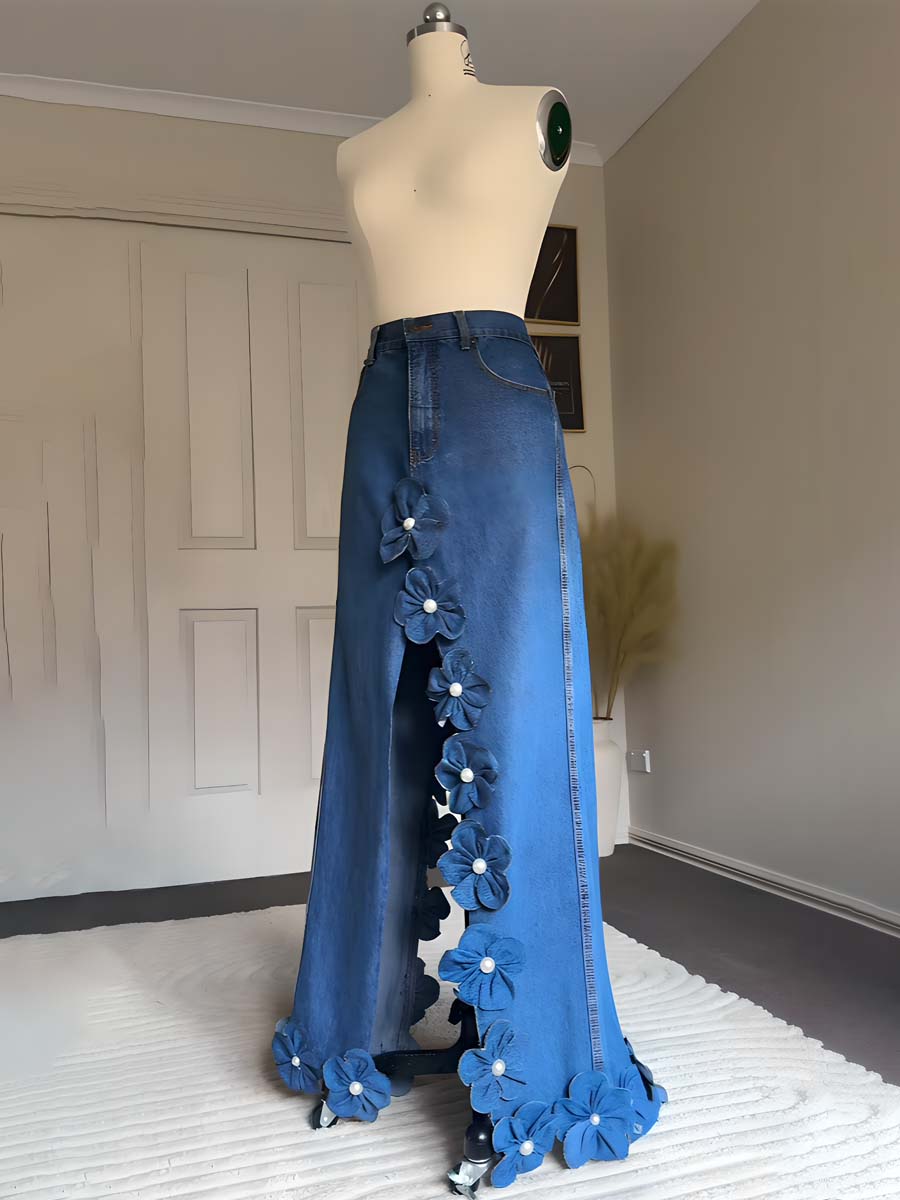 3D Flower Asymmetric Hem Denim Maxi Skirt