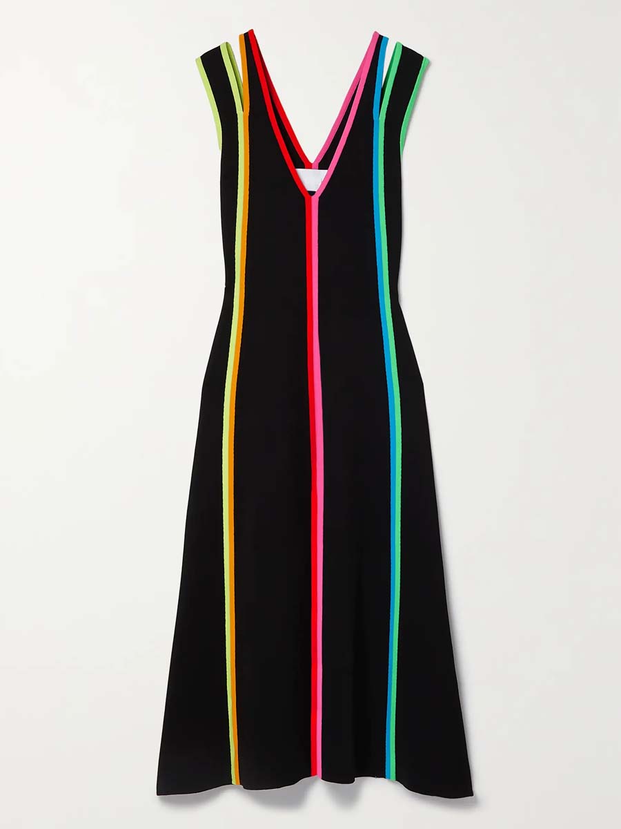 Deep V Neck Striped Stretch-knit Midi Dress