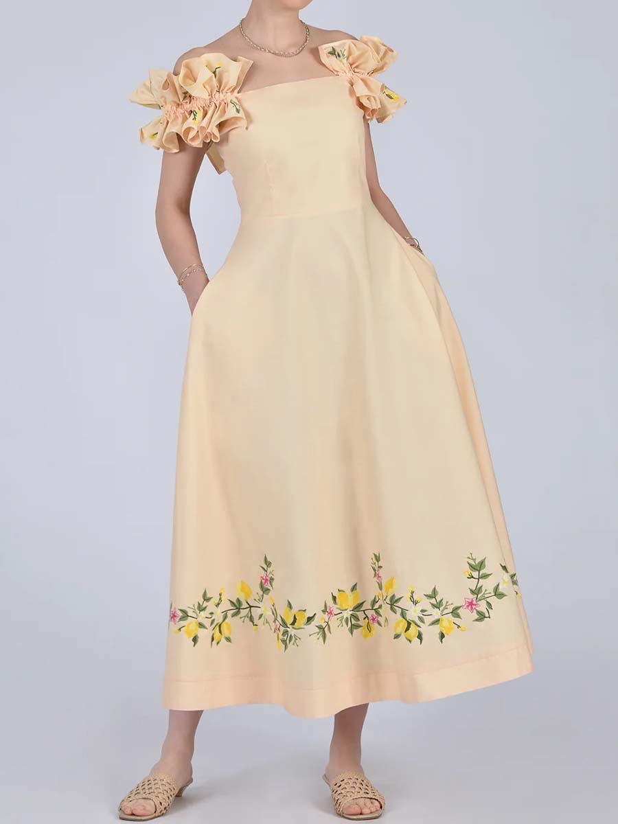 Floral Embroidery Off Shoulder Ruffled Dress
