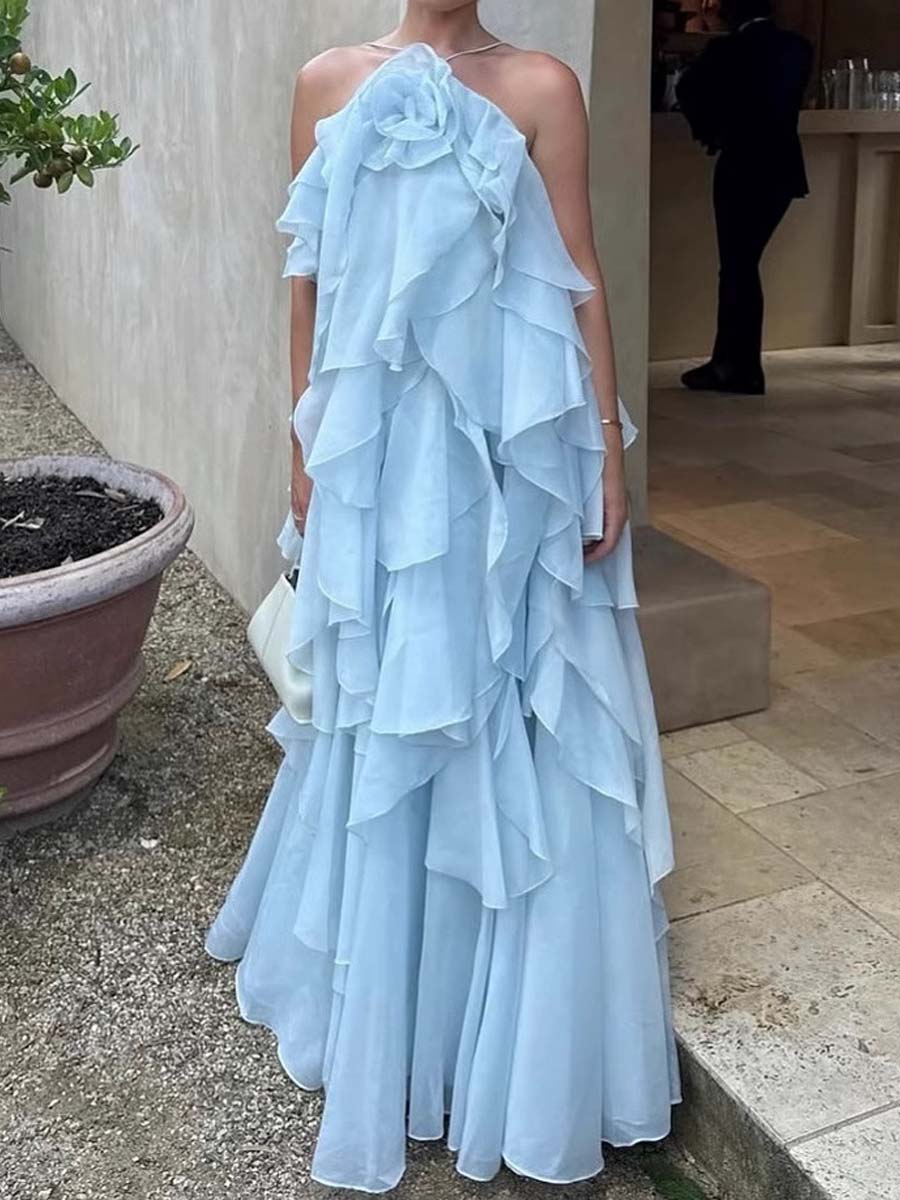 Halter Neck Layered Ruffles Maxi Dress