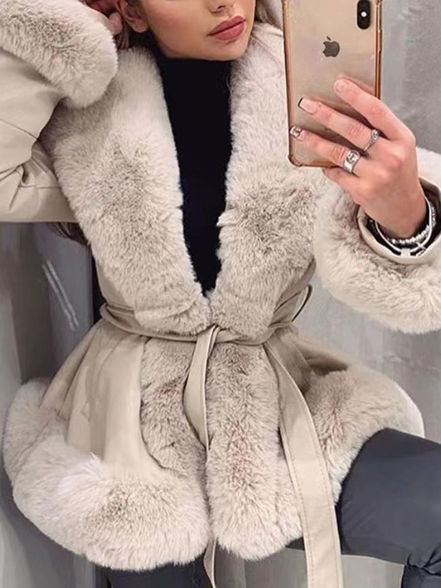 Fur Collar Patchwork Belted Coat