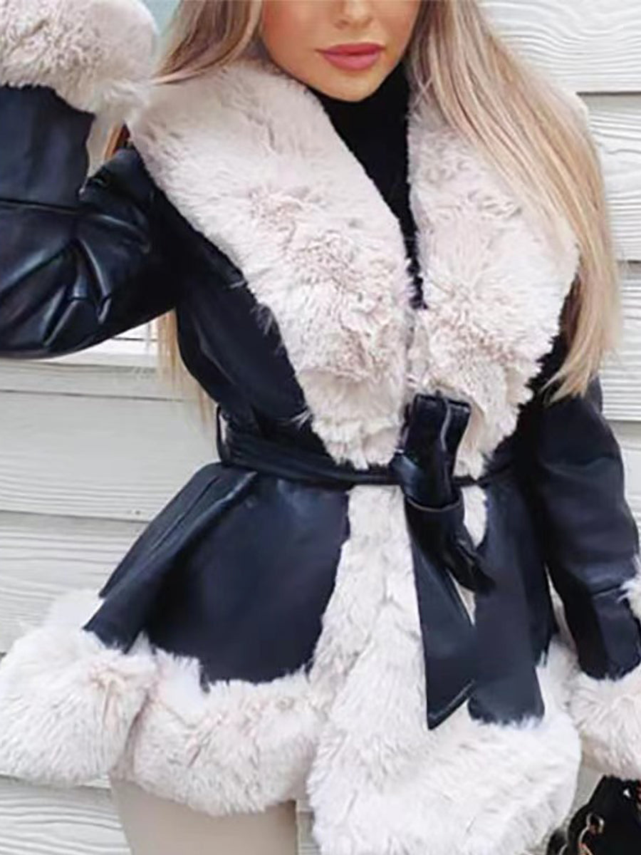 Fur Collar Patchwork Belted Coat