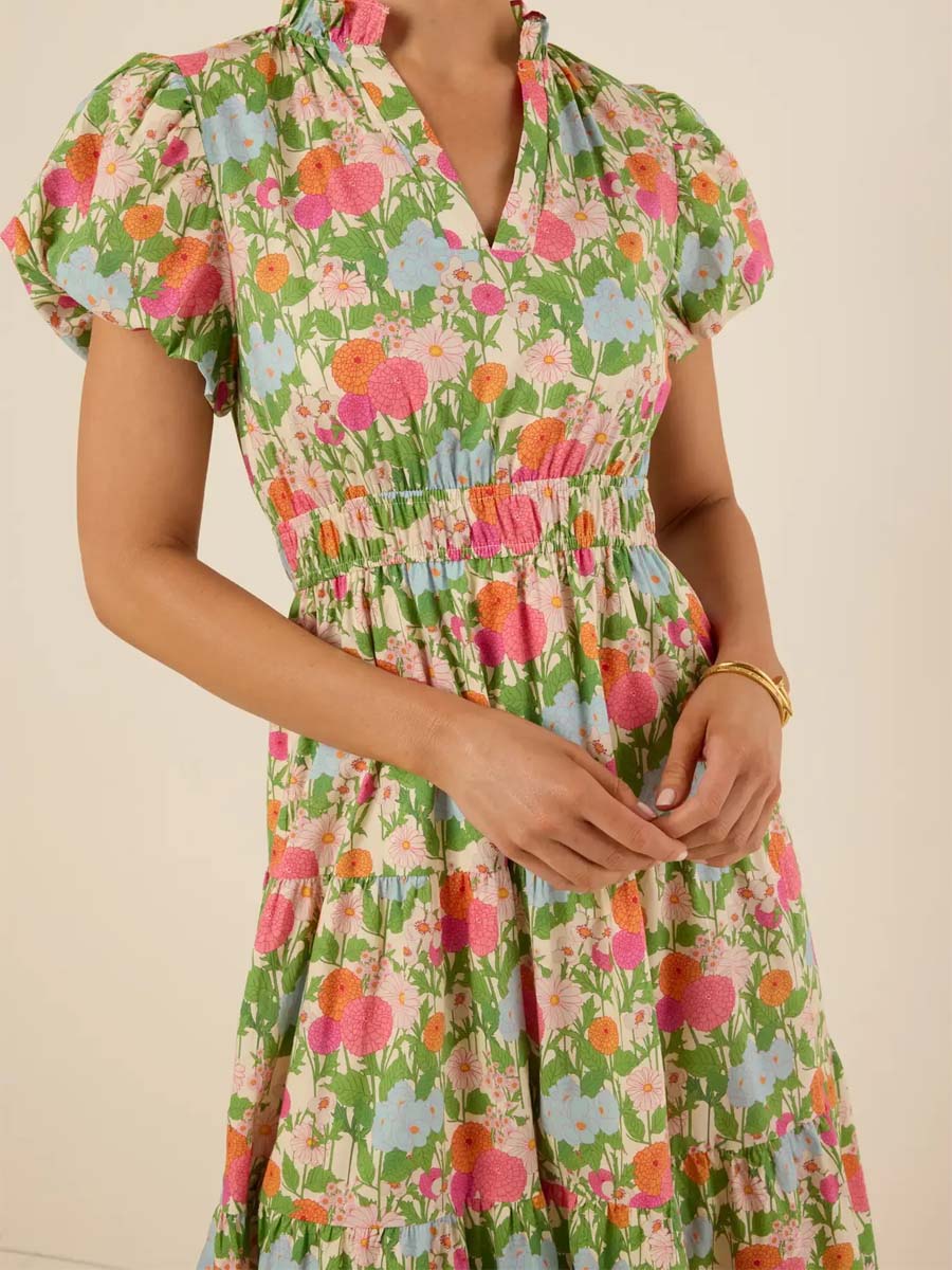 Floral Print Band Collar V-neck Elastic Waist Dress