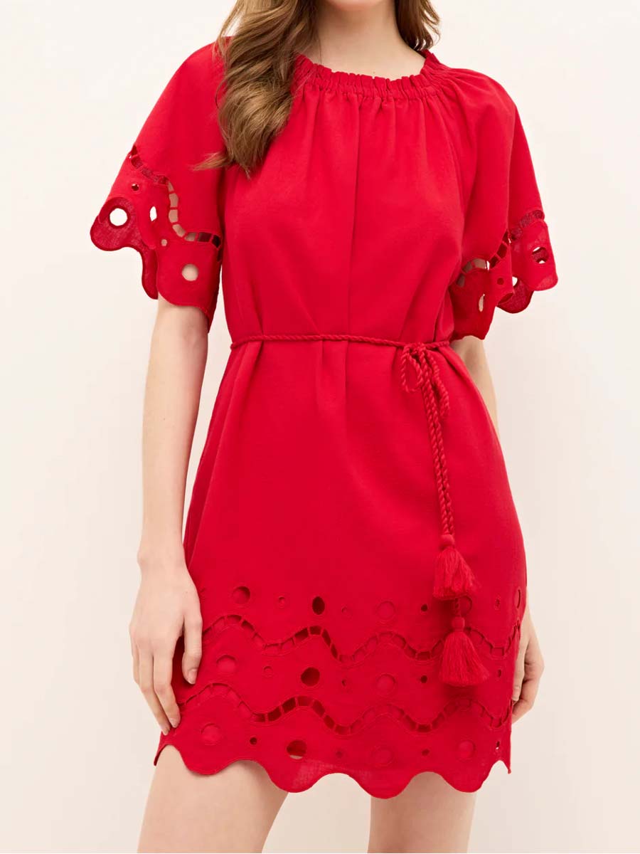 Elastic Neck Embroidered Eyelet Mini Dress