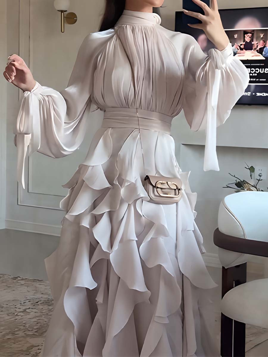 Elegant Flouced Lace Up Maxi Dress