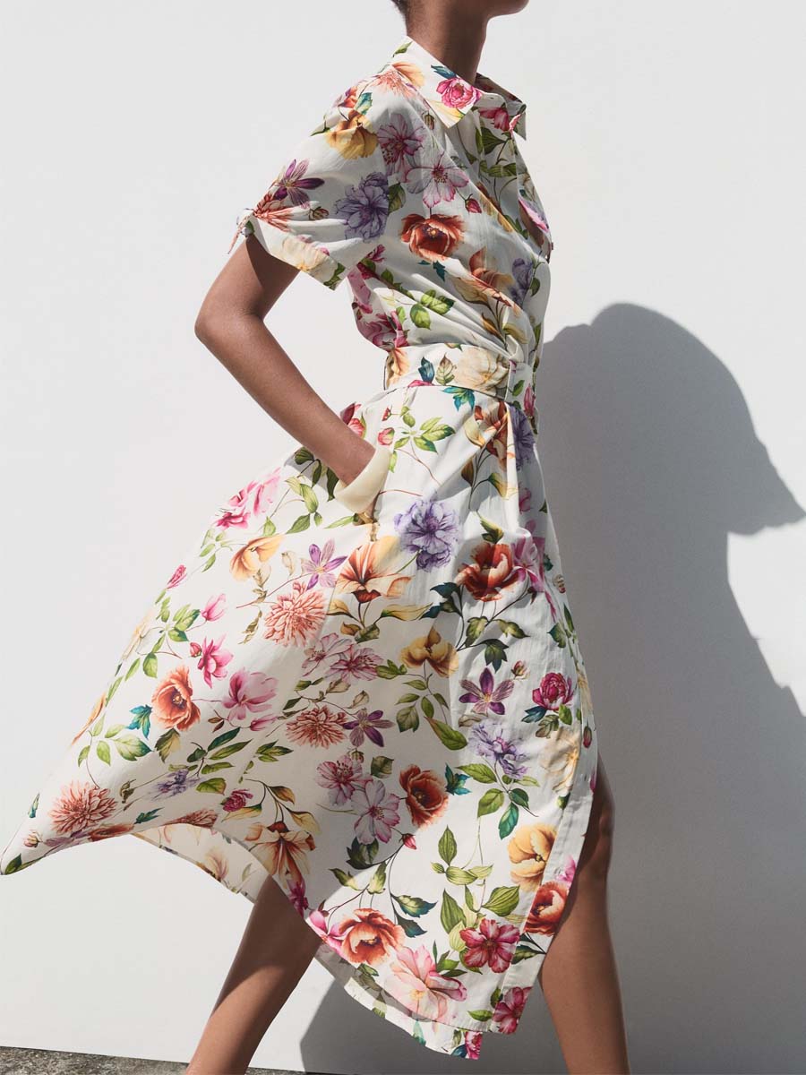 Floral Print Short Sleeve Belted Dress