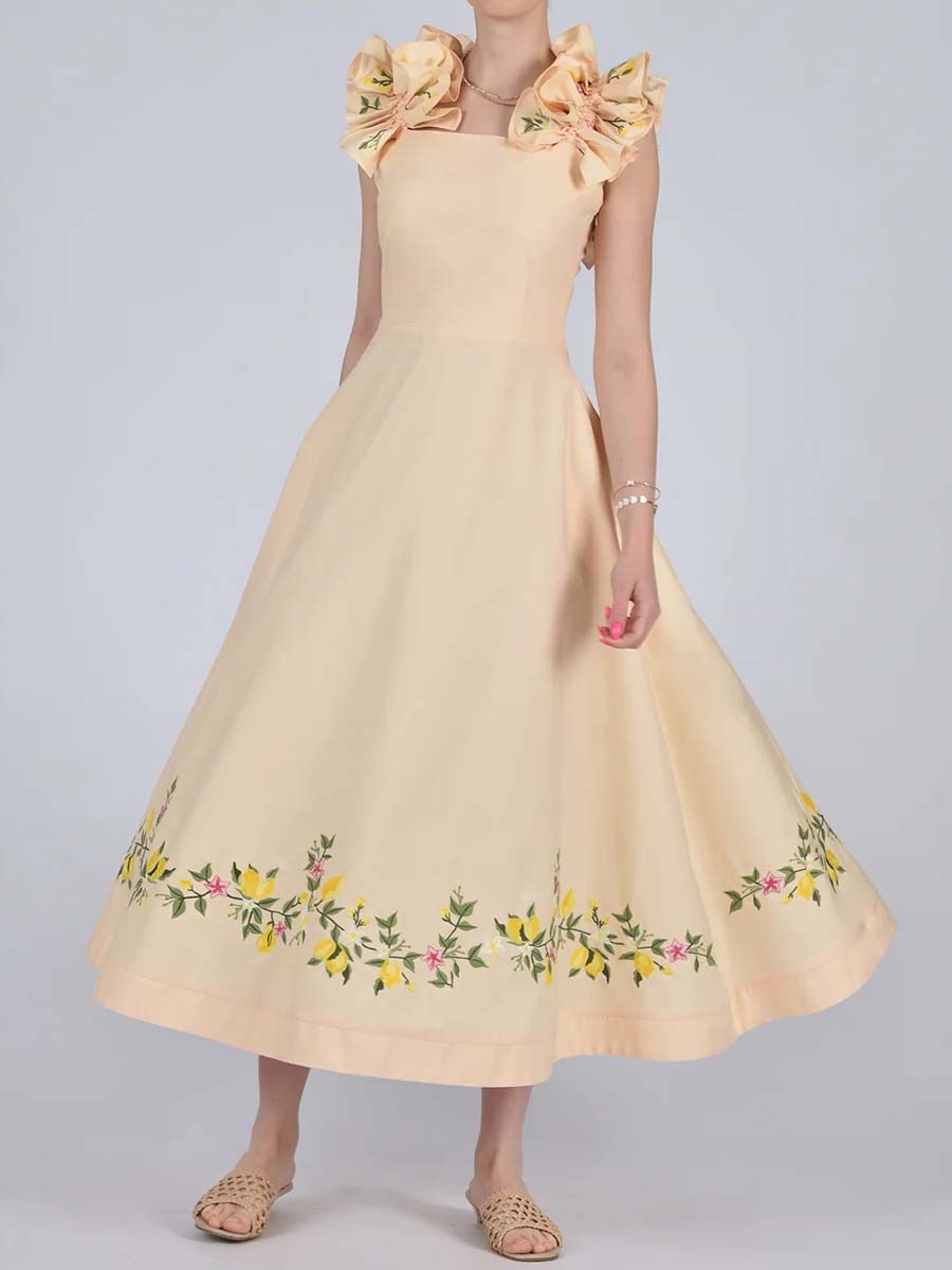 Floral Embroidery Off Shoulder Ruffled Dress