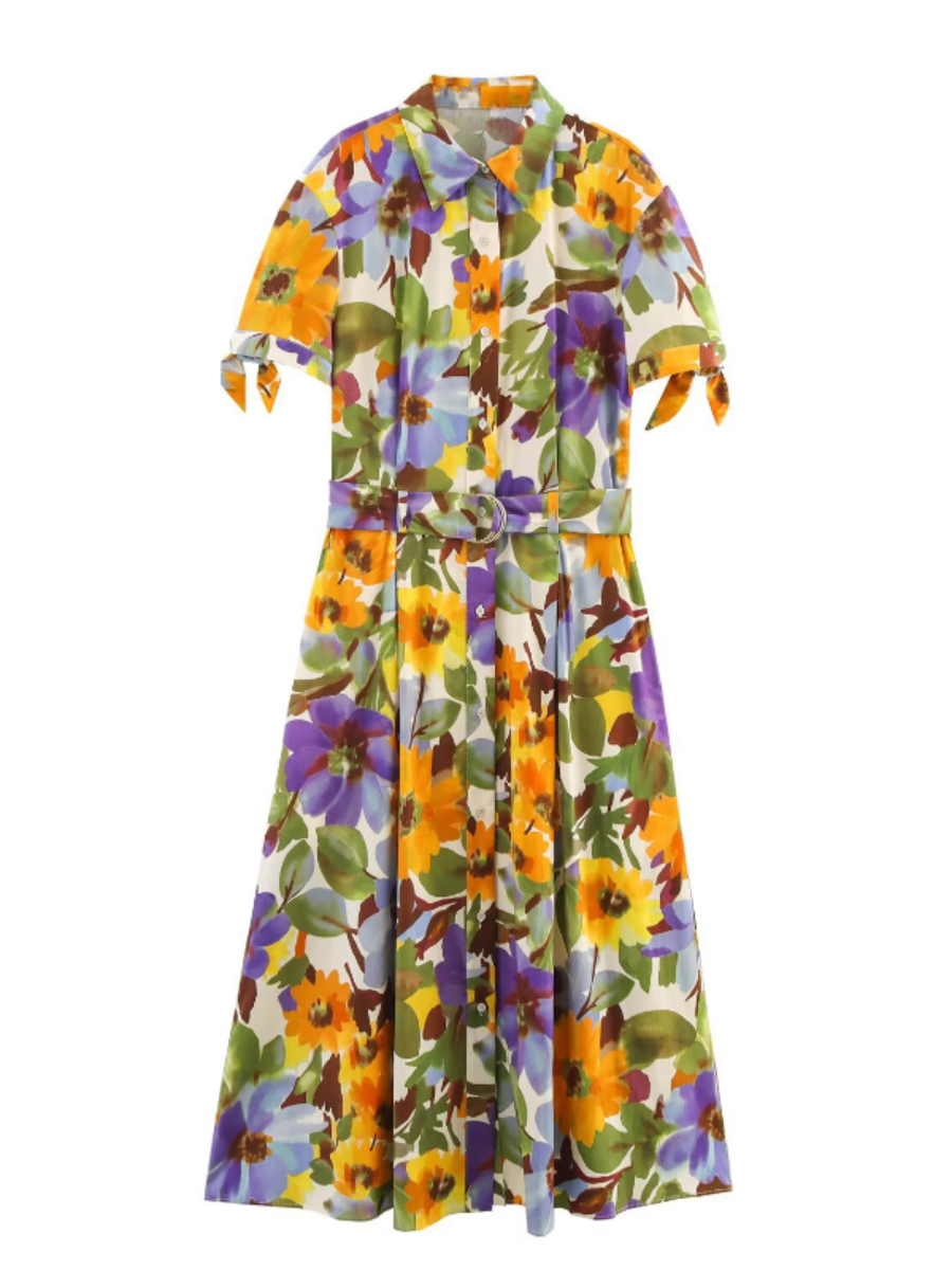 Floral Print Short Sleeve Belted Dress