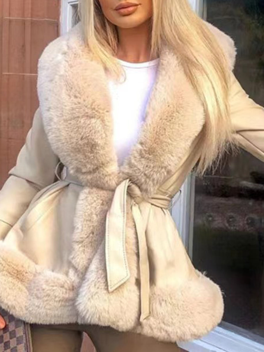 Fur Collar Patchwork Belted Coat