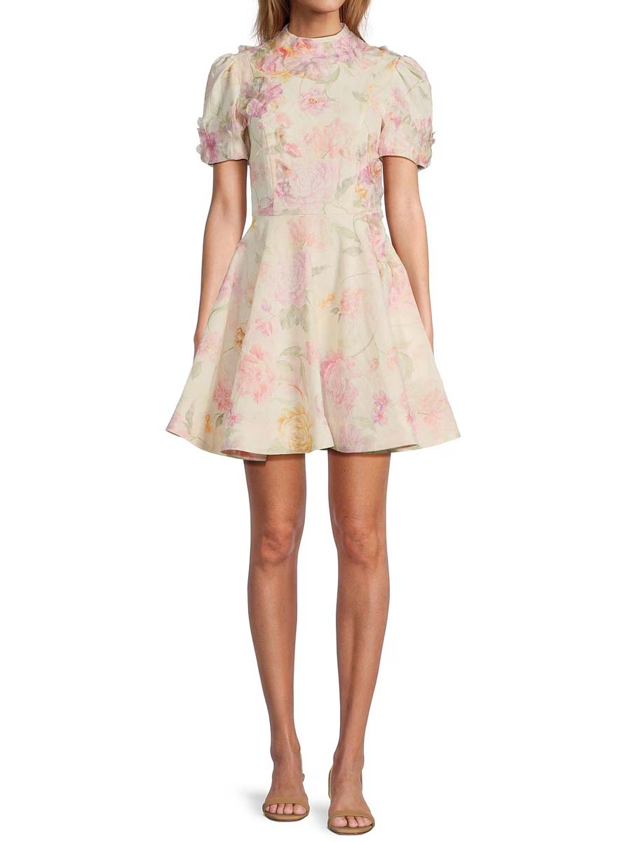 Floral Print Mockneck Short Sleeve Dress