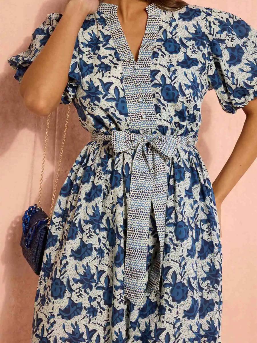 Floral Print V-neck Short Sleeve Belted Dress