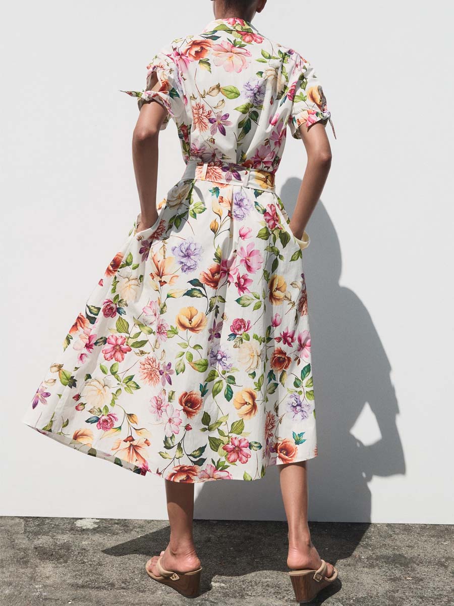 Floral Print Short Sleeve Belted Dress
