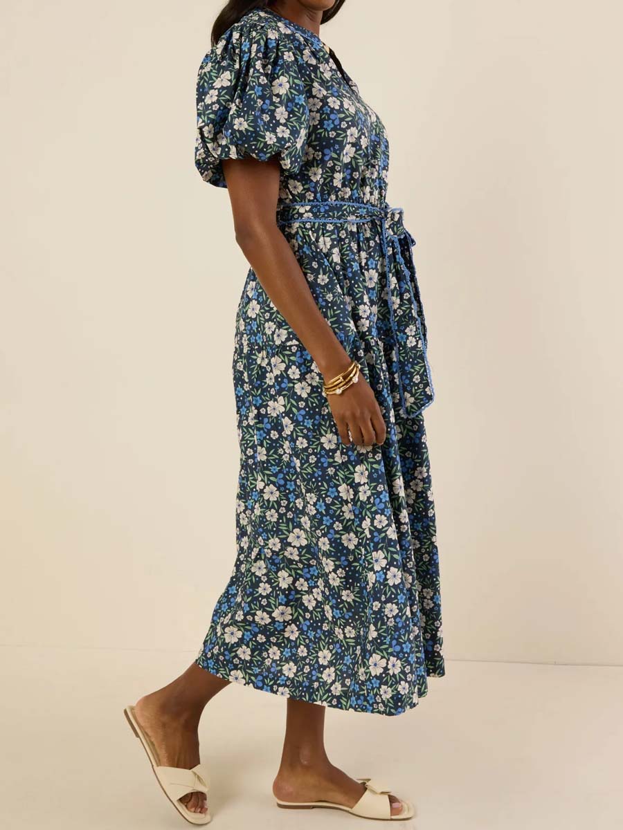 Floral Print Band Collar Belted Dress