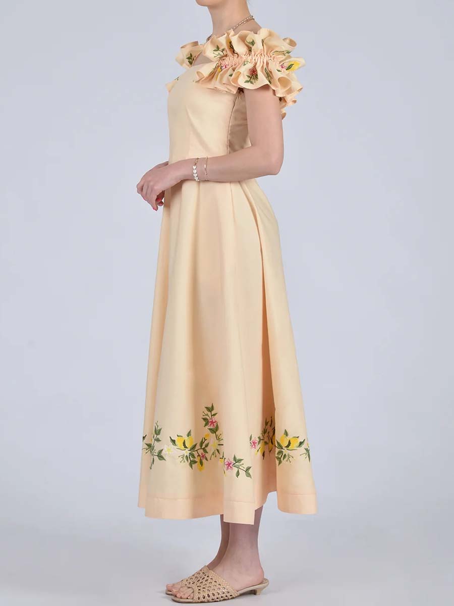 Floral Embroidery Off Shoulder Ruffled Dress