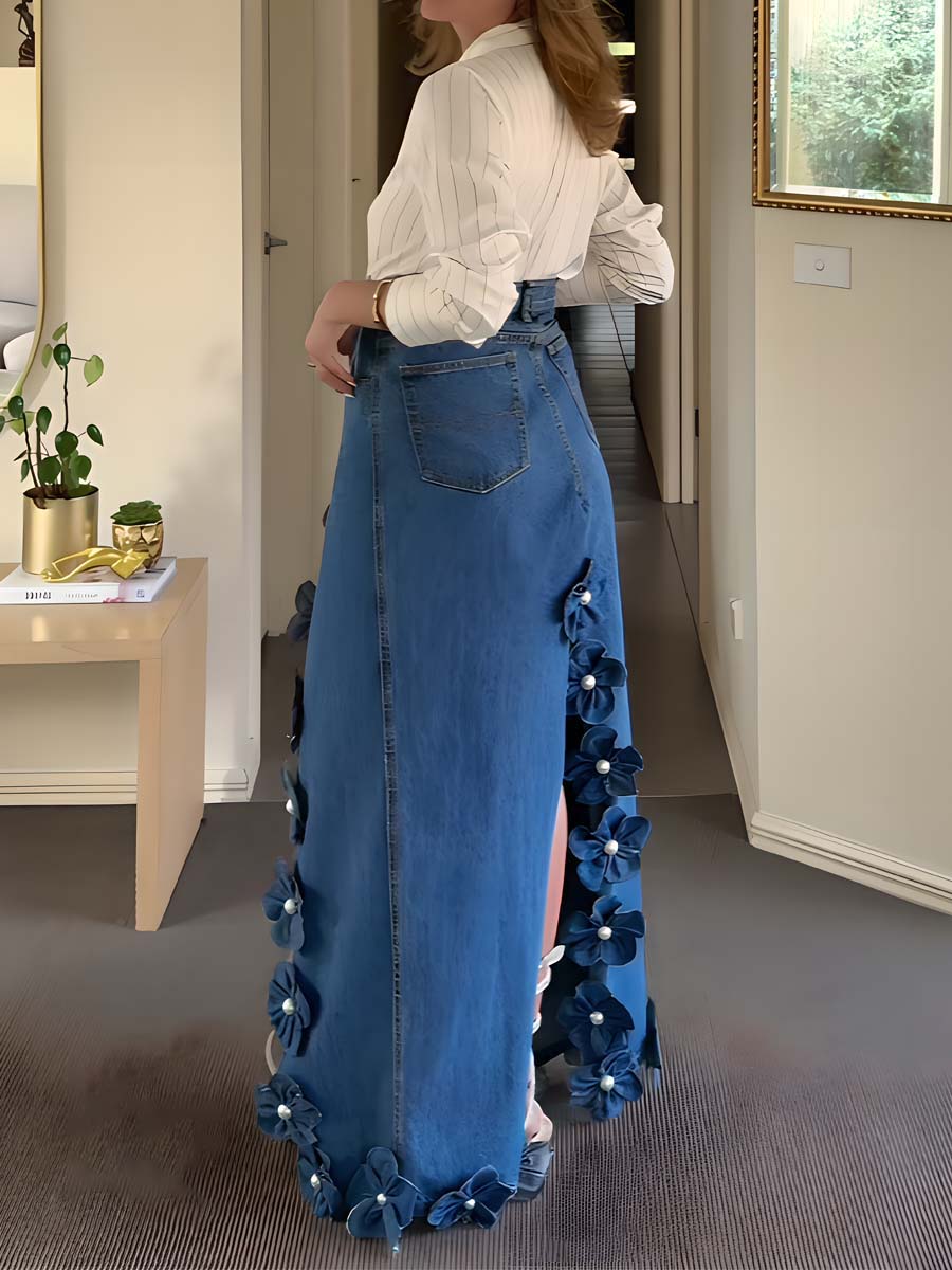 3D Flower Asymmetric Hem Denim Maxi Skirt