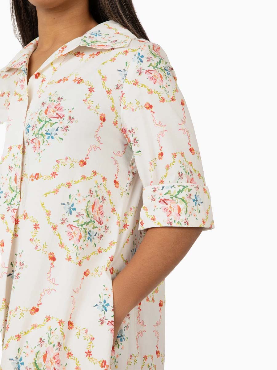 Button-front Placket Printed Dress