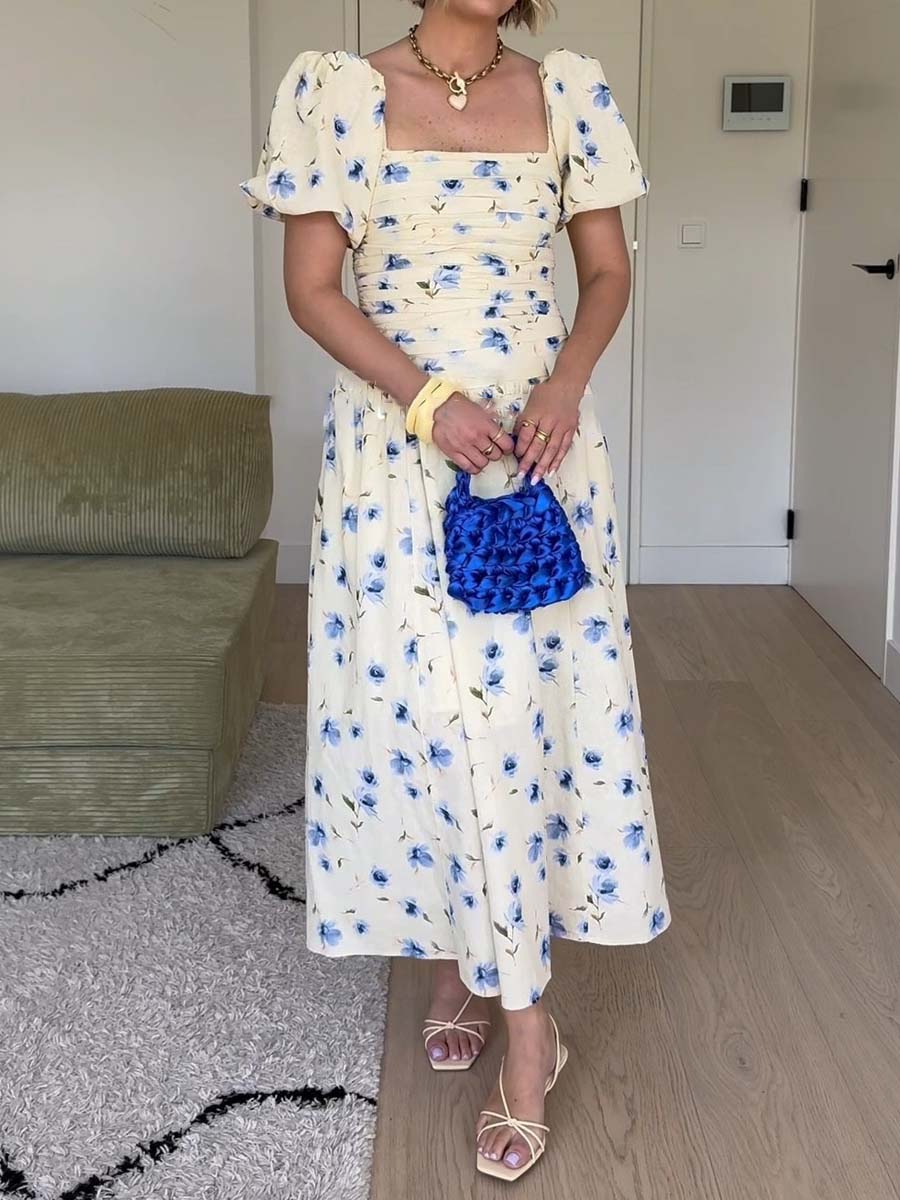 Printed Puff Sleeve Square Collar Dress