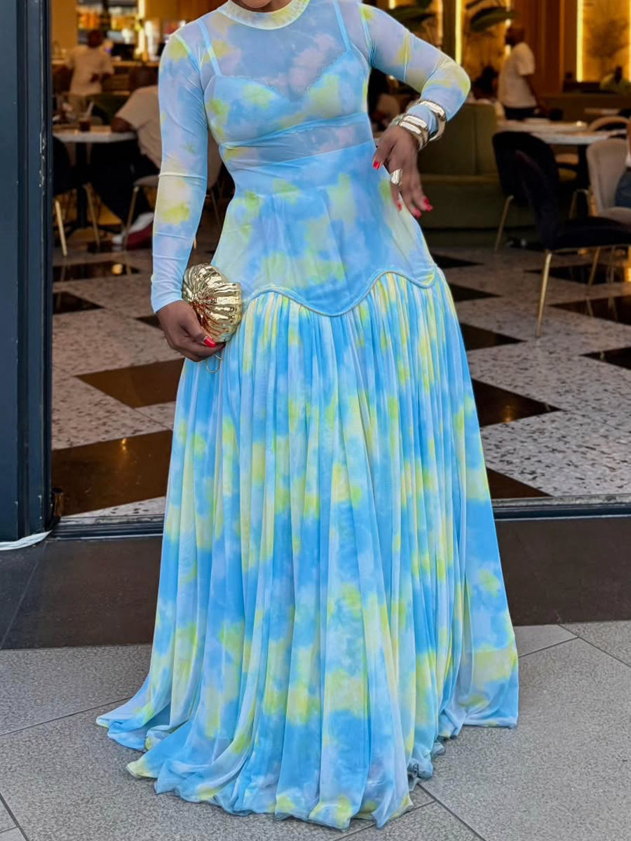 See-through Printed Patchwork Maxi Dress