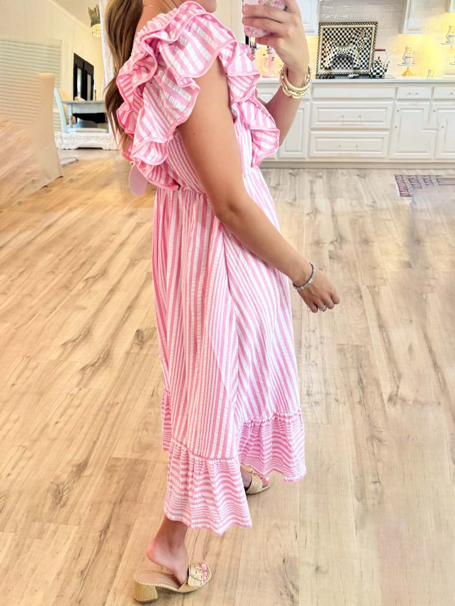 Striped Ruffle V Neck Maxi Dress
