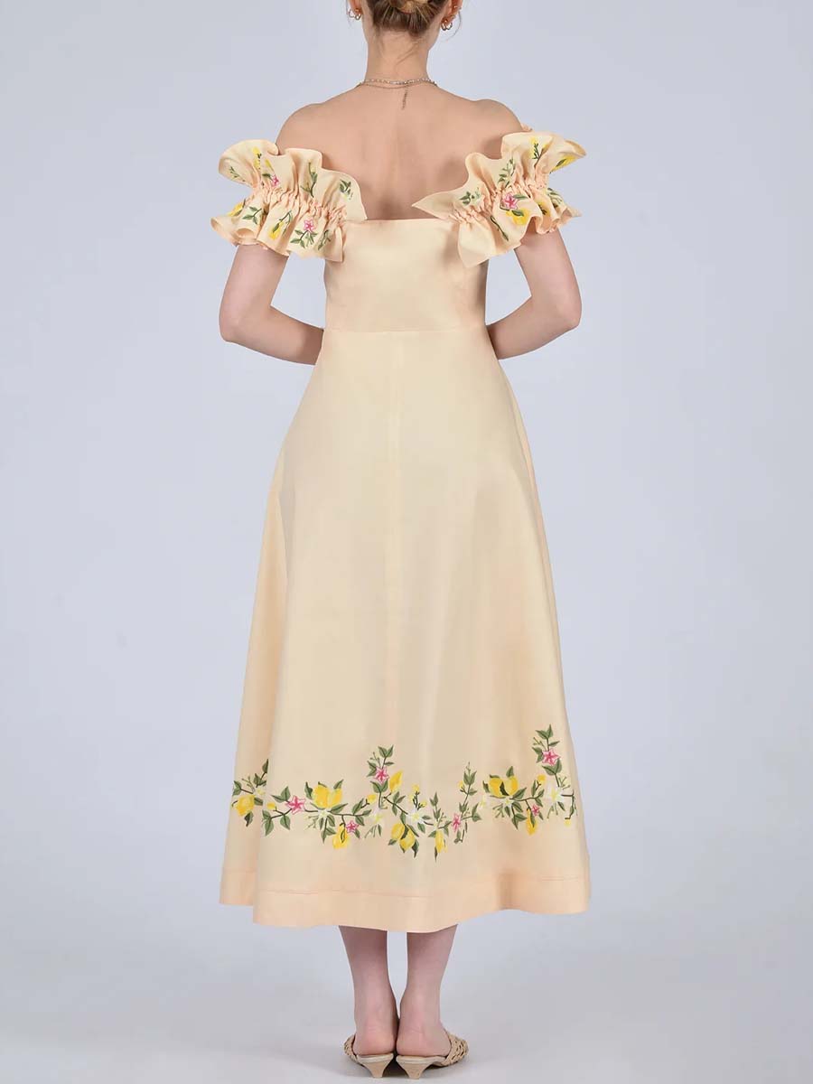 Floral Embroidery Off Shoulder Ruffled Dress
