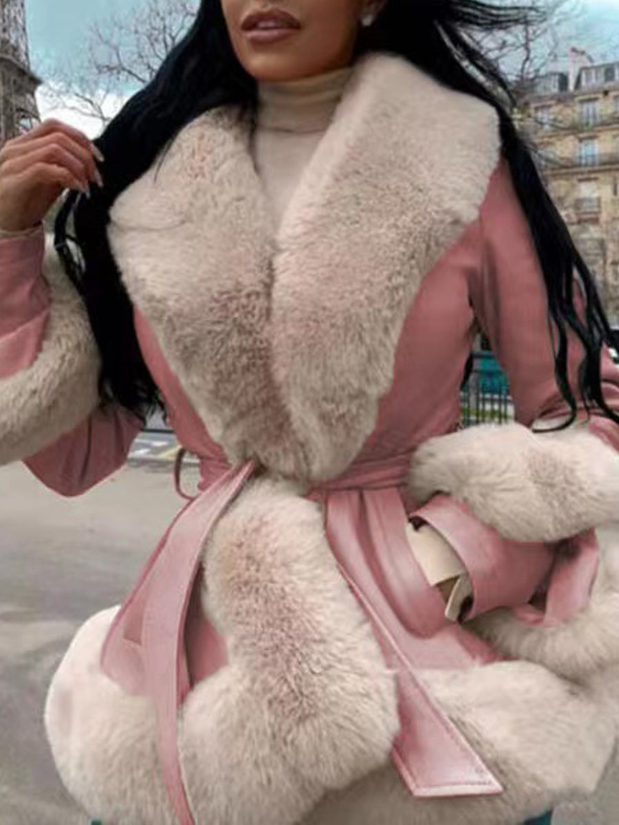 Fur Collar Patchwork Belted Coat
