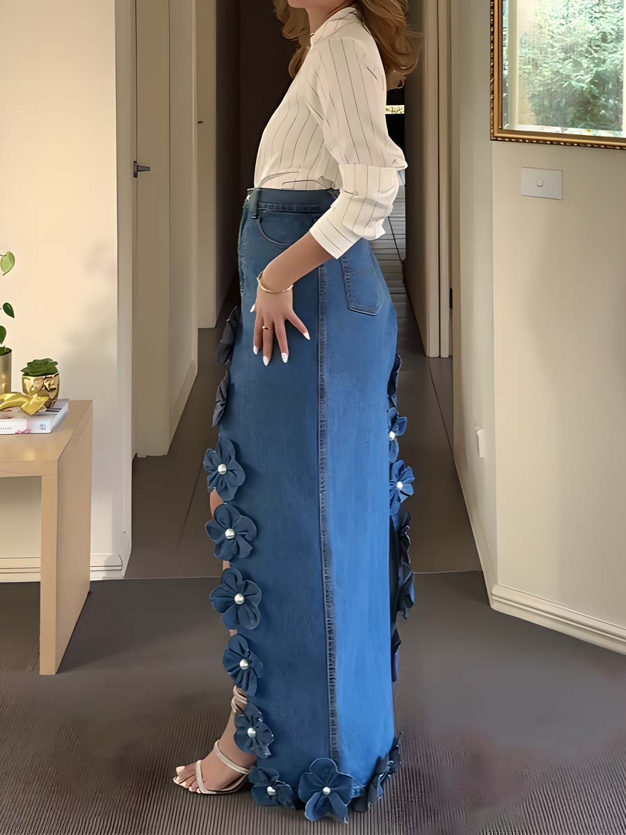 3D Flower Asymmetric Hem Denim Maxi Skirt