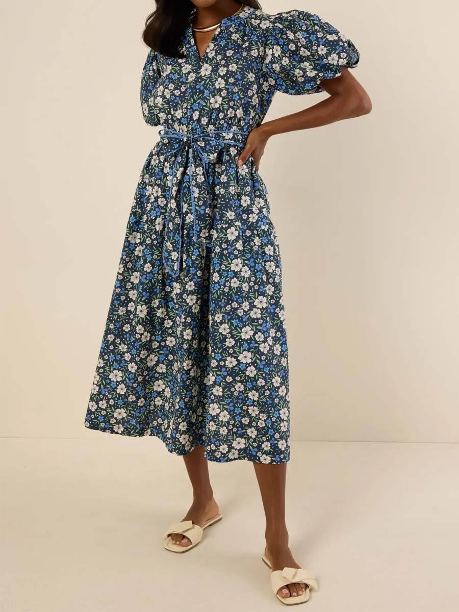 Floral Print Band Collar Belted Dress