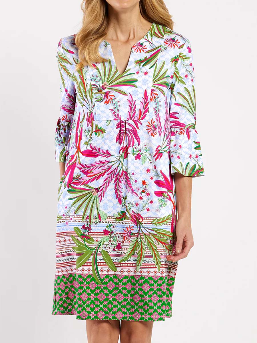 Split Neck Printed Flutter Sleeve Dress
