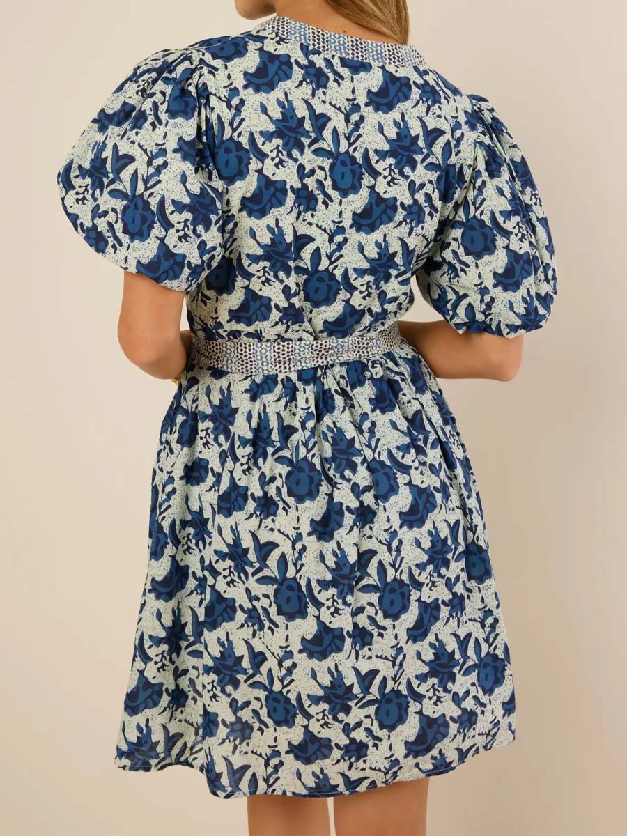 Floral Print V-neck Short Sleeve Belted Dress