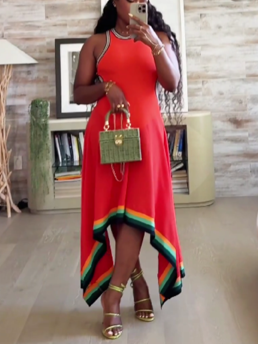 Crewneck Sleeveless Color Contrast Dress