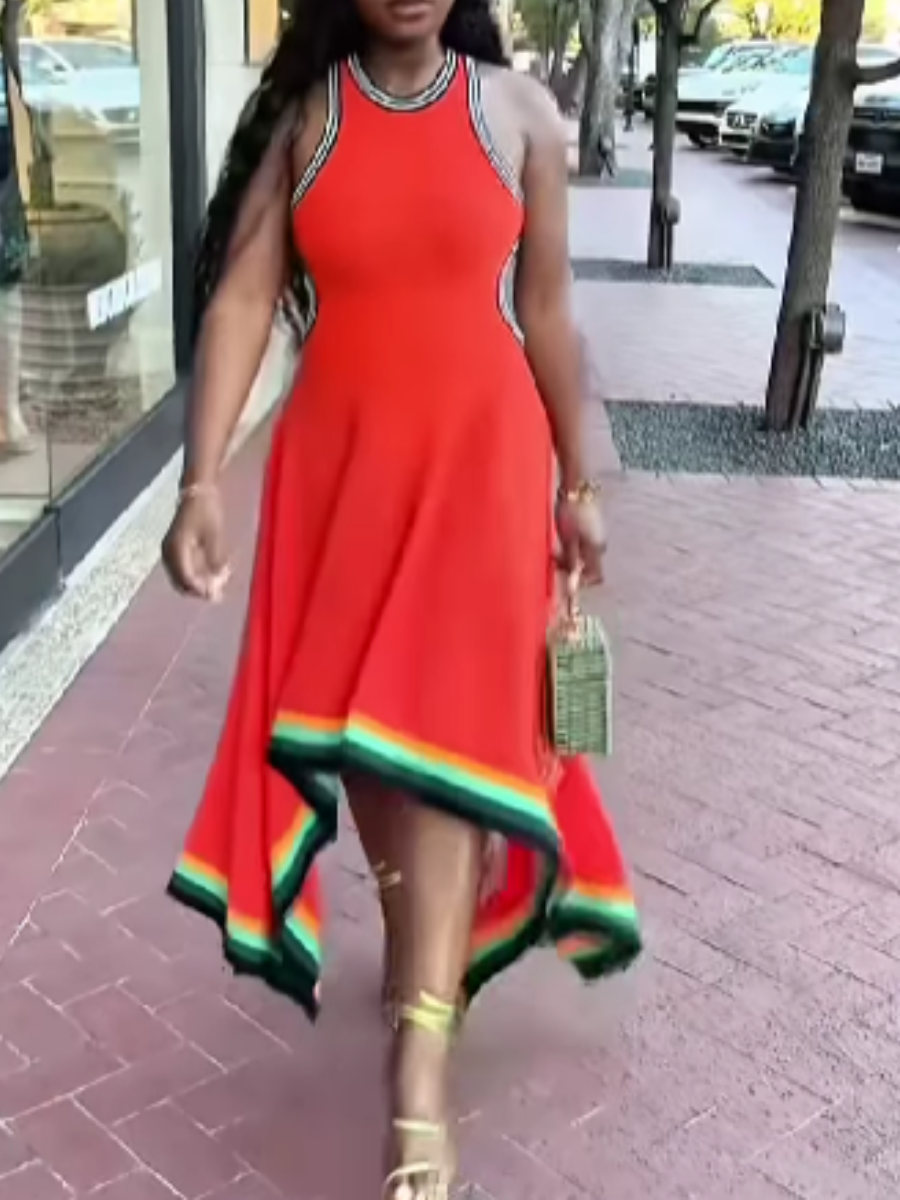 Crewneck Sleeveless Color Contrast Dress