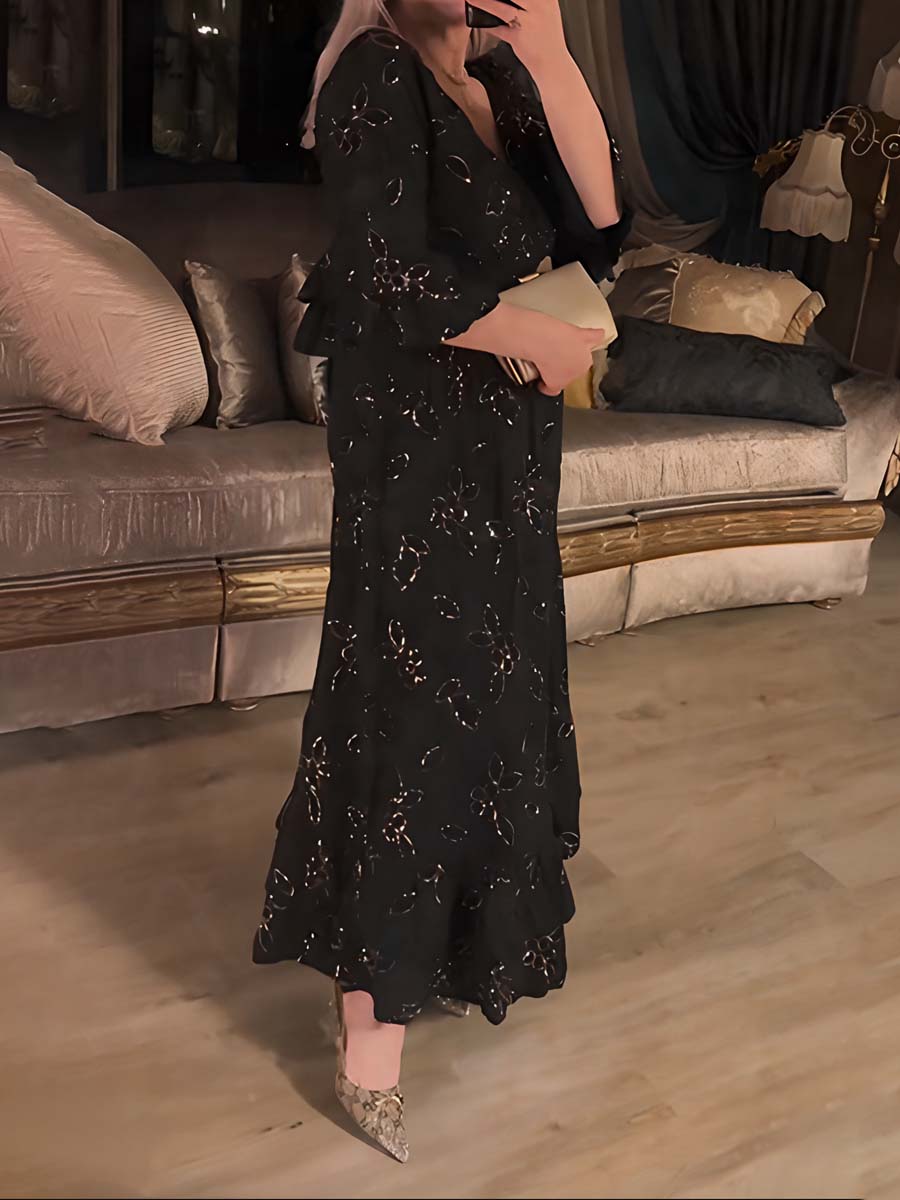 Sequined V-neck Horn Sleeve Ruffled Dress