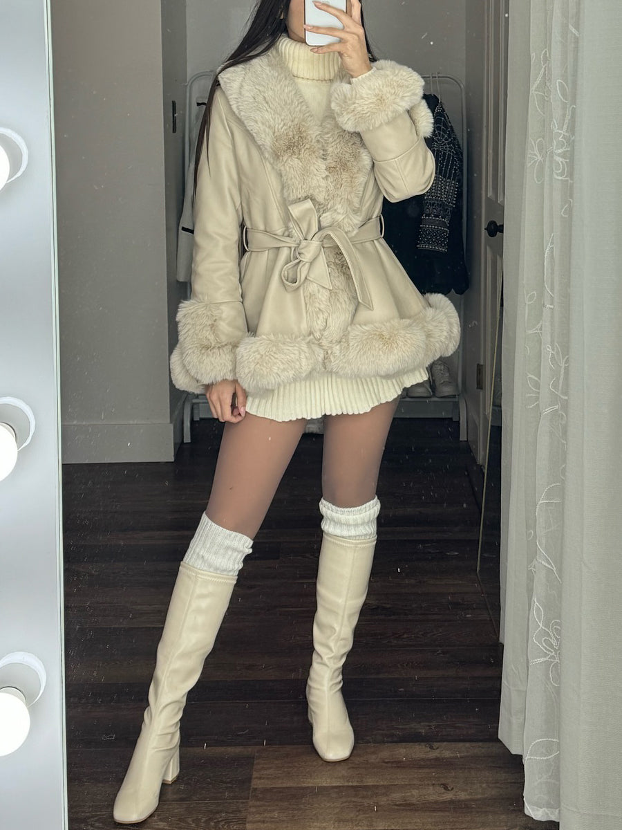 Fur Collar Patchwork Belted Coat