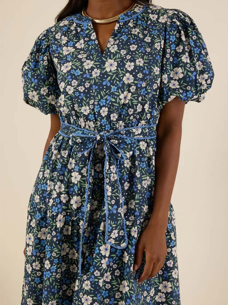 Floral Print Band Collar Belted Dress