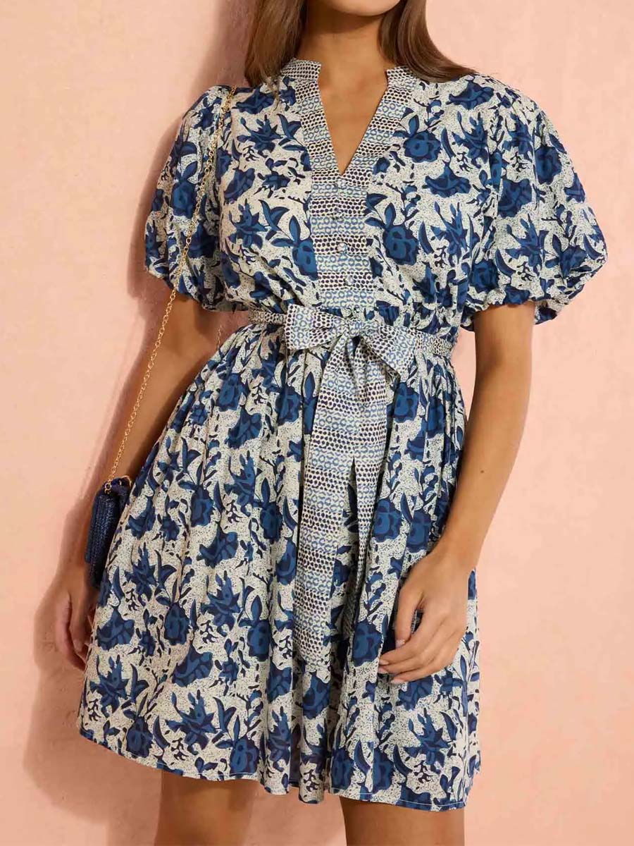 Floral Print V-neck Short Sleeve Belted Dress