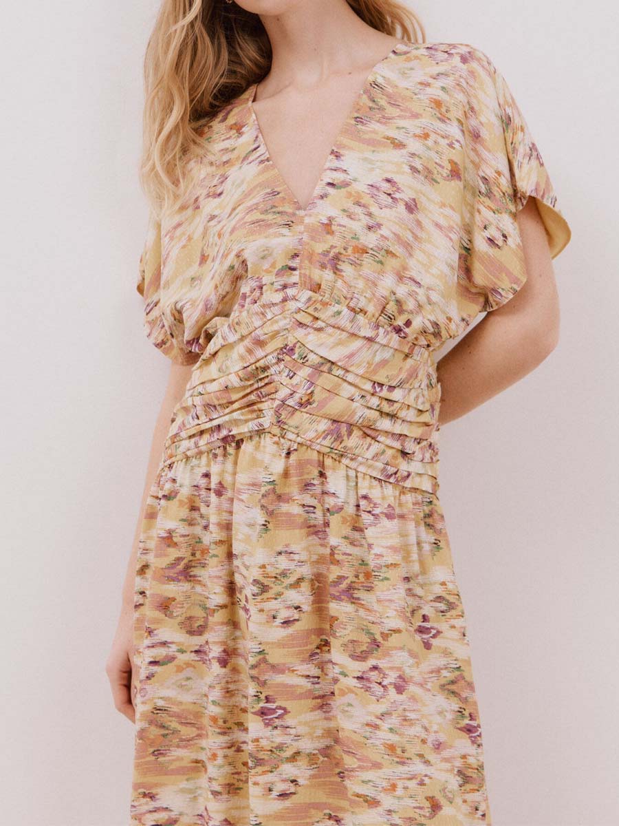 Printed V Neck Pleated Dress