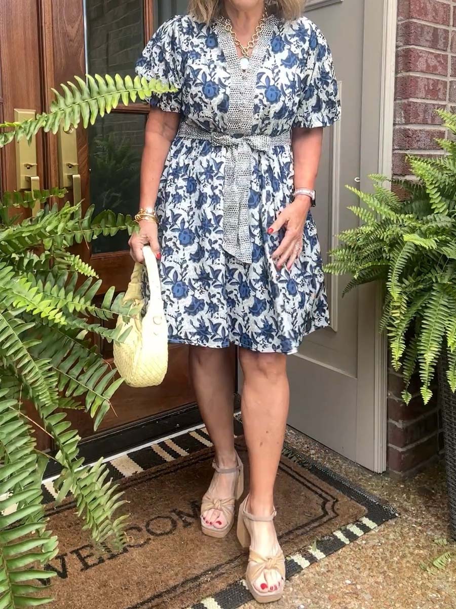 Floral Print V-neck Short Sleeve Belted Dress