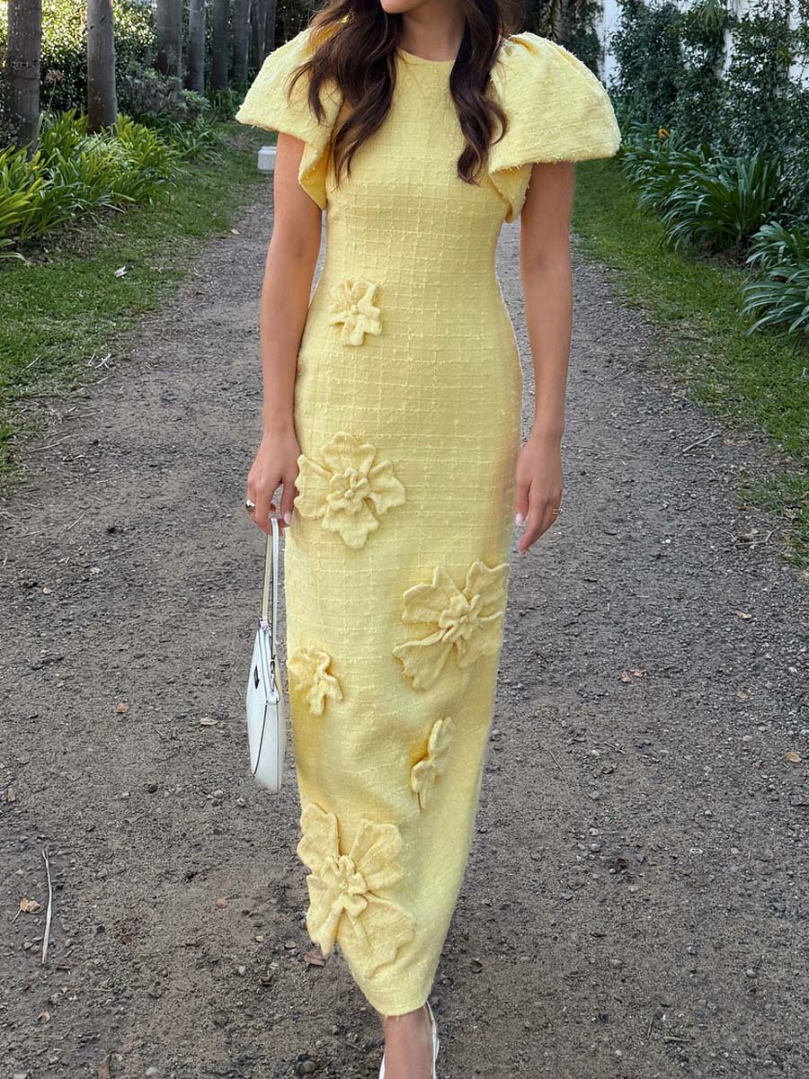 3D Flower Puff Sleeve Maxi Dress