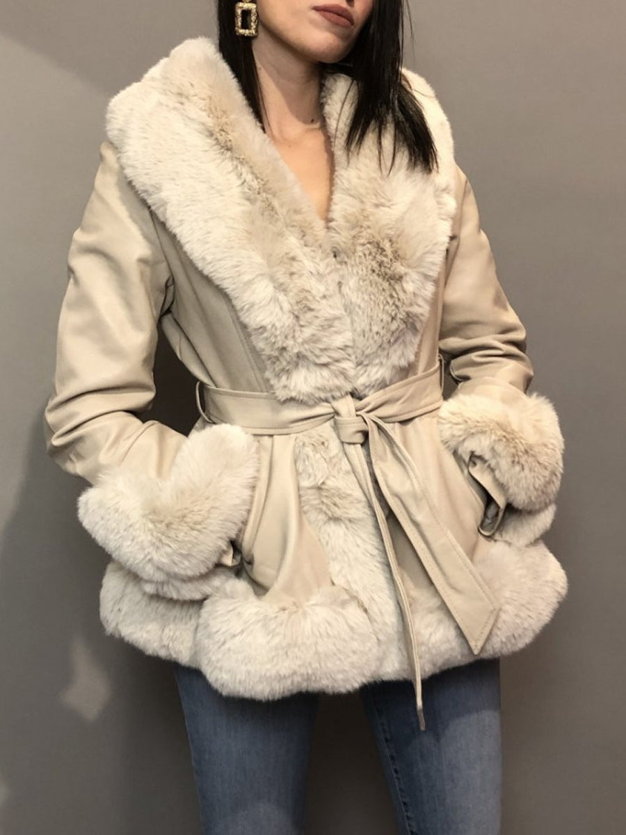 Fur Collar Patchwork Belted Coat