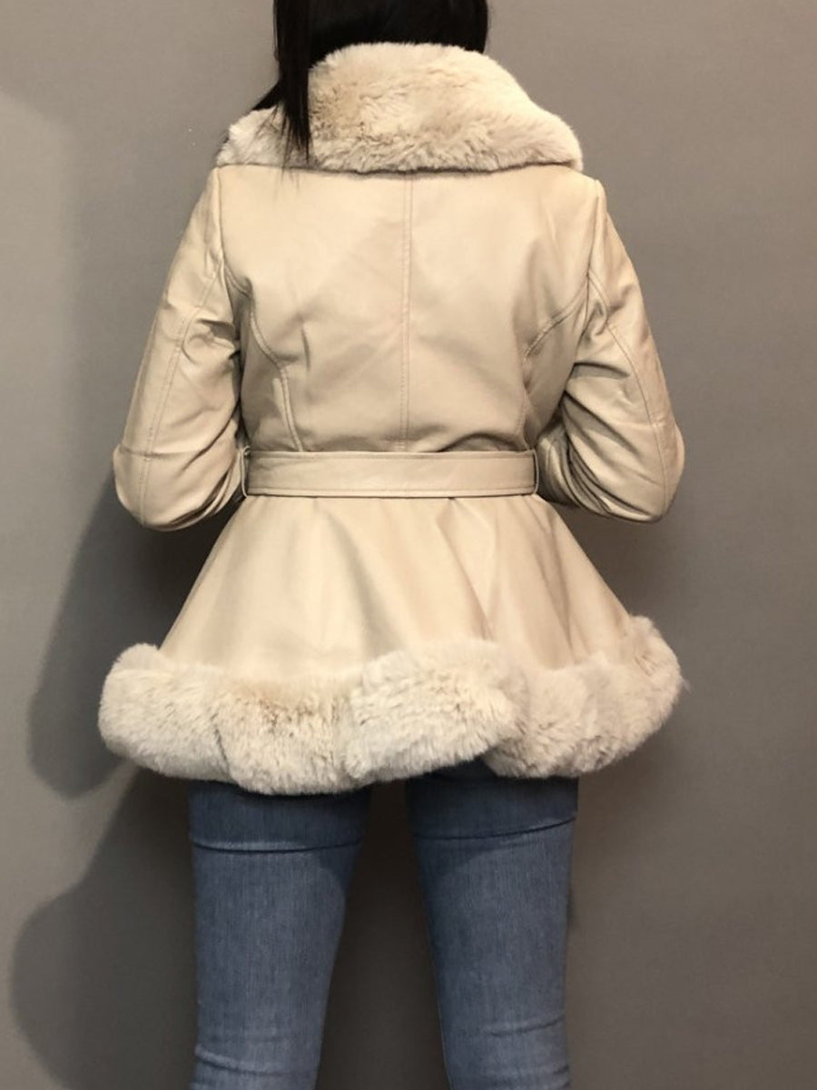 Fur Collar Patchwork Belted Coat