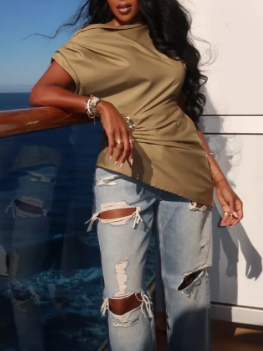 Fashion Shoulder Pleated Solid Color Top