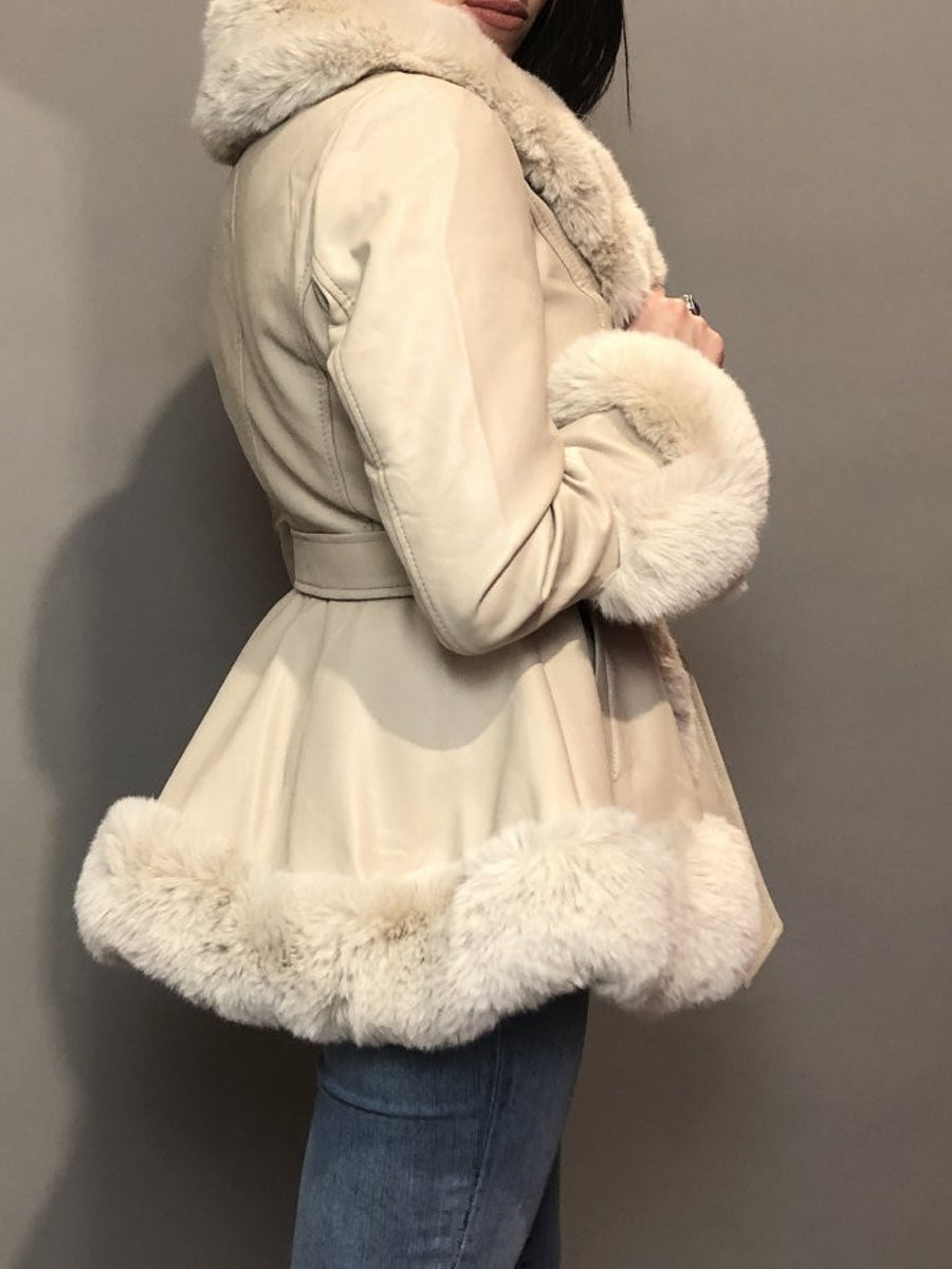 Fur Collar Patchwork Belted Coat