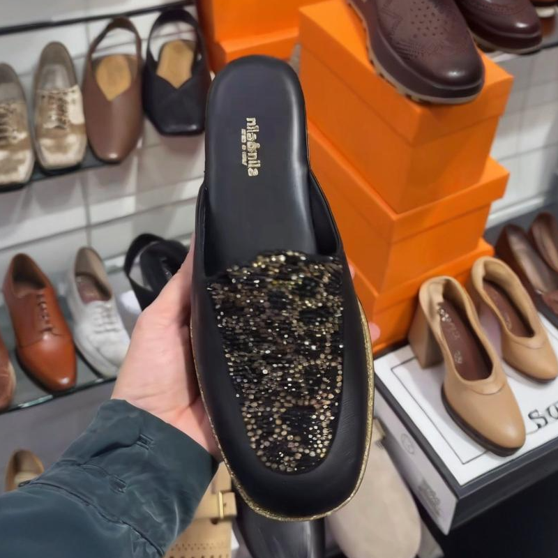 Black Leather Glitter Half Slippers